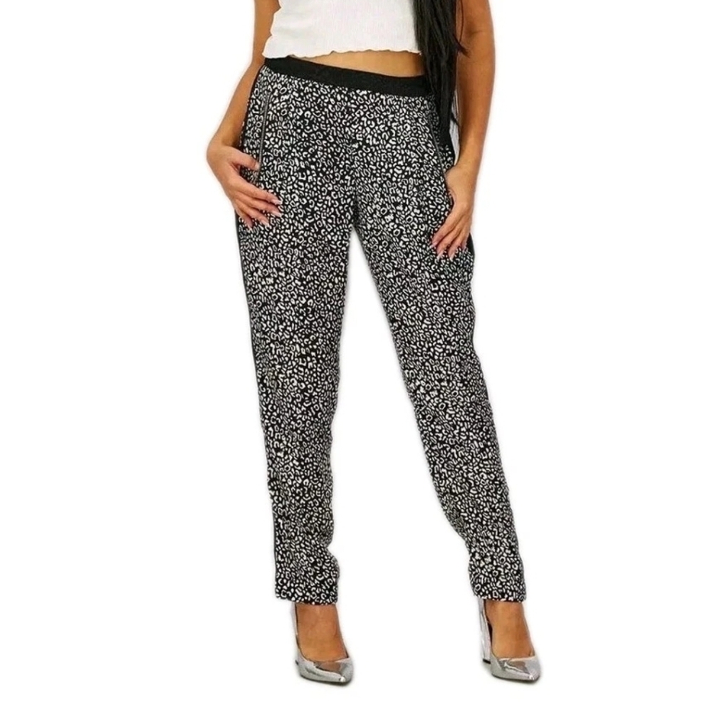 nwt MNG MANGO size Large Animal Print Tapered Leg Pull‎ On Pants Zip Pockets